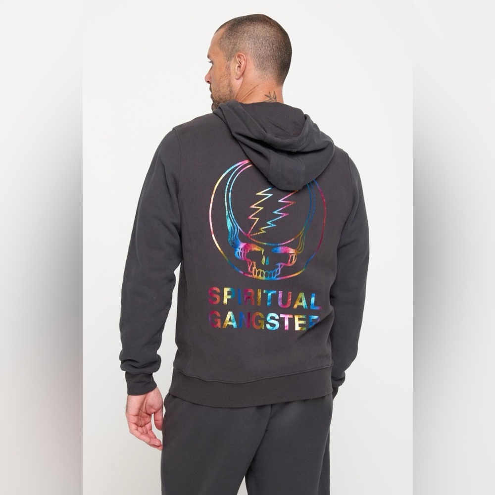 Spiritual Gangster Black Hoodie with Multicolor Iridescent Skull Logo